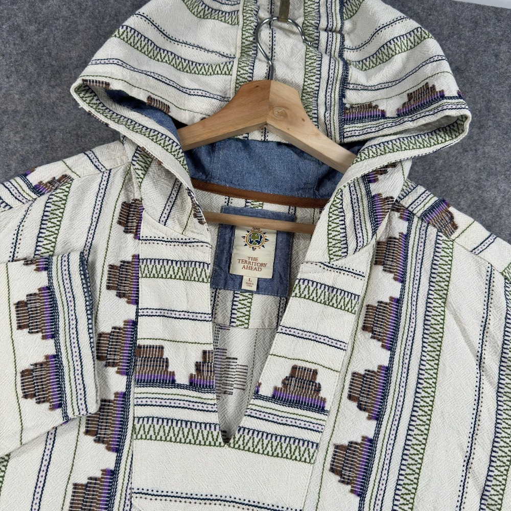 The Territory Ahead Hoodie Mens Large White Aztec Stripe Cotton Baja Pullover